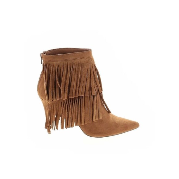 Nine West Brown Suede Western Booties Fringe Ankle Faux Suede Pointed Toe Size 6 - Picture 1 of 13